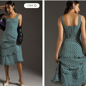 Anthropologie The Blythe Square-Neck Tiered Dress, L, Dark Green